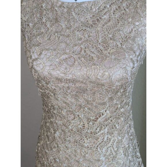 Sue Wong Nocturne Gold Metallic Lace Sheath Dress 4 Sleeveless Cocktail - Picture 2 of 6